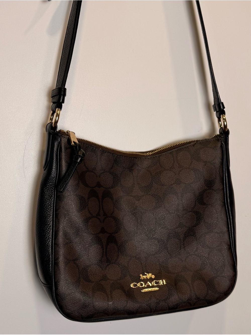 Coach Signature Brown Black Medium Zip Top Crossbody Bag Gold Hardware